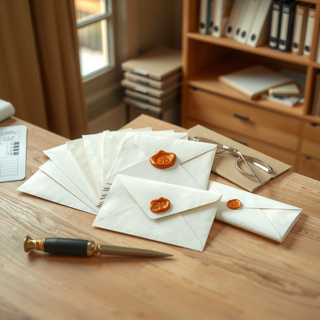 A fan of sealed envelopes of different sizes on a desk.