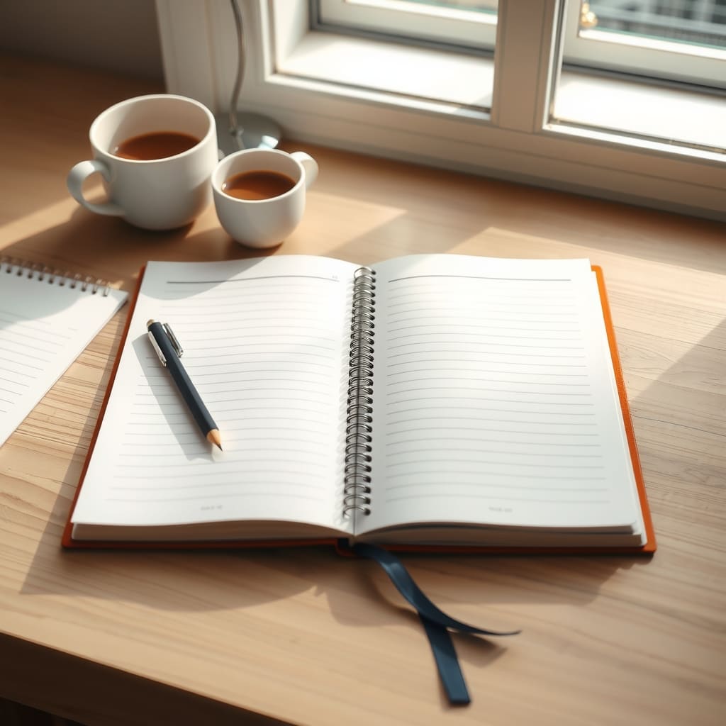 An open logbook and a pencil beside a cup of coffee.