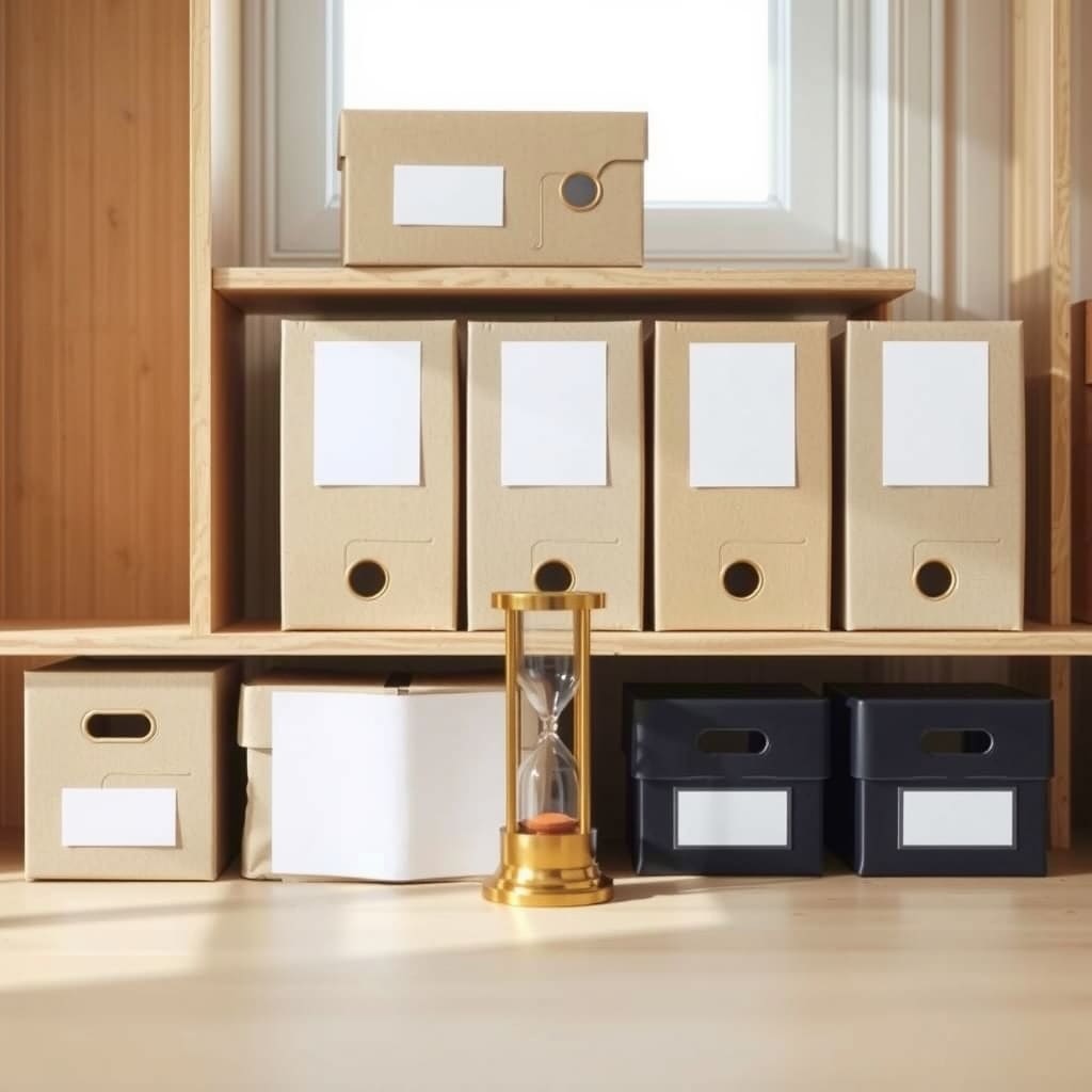 Archive boxes on a shelf with an hourglass in front.