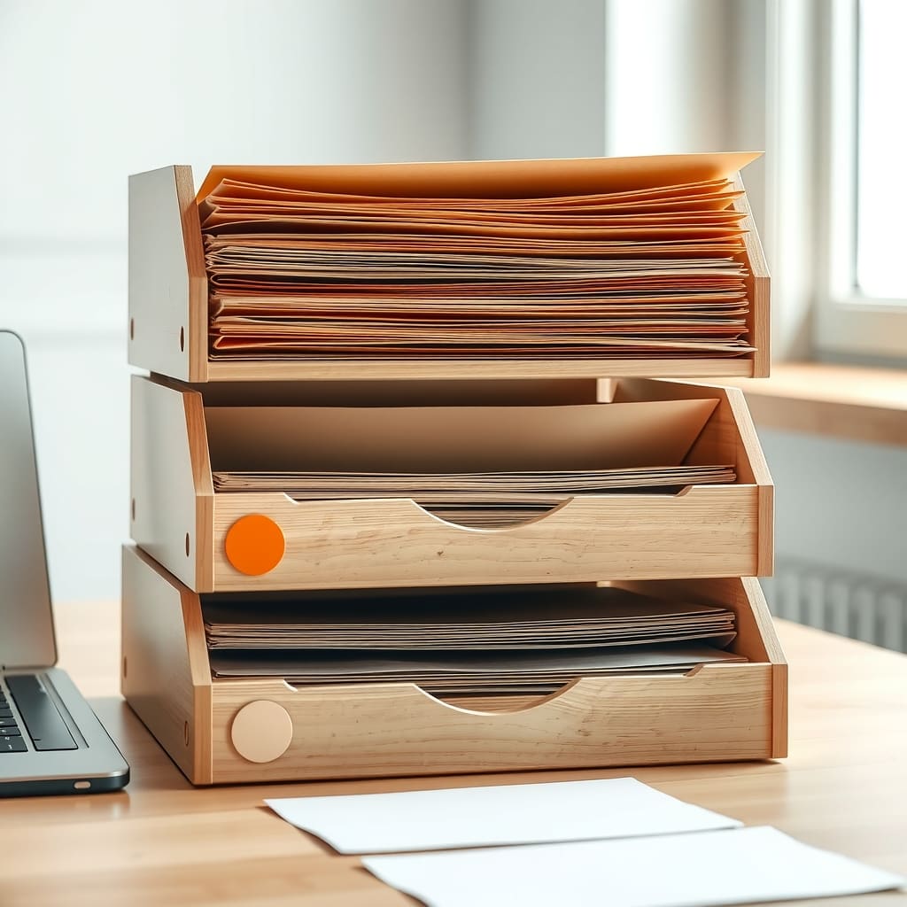 Three letter trays holding progressively fewer supplier folders.